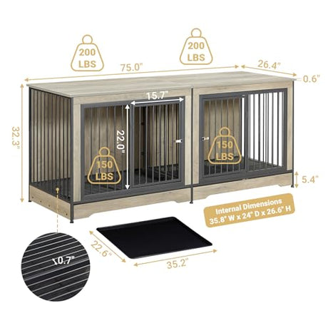 Rovibek 75'' Double Dog Crate Furniture for 2 Large Dogs, Heavy Duty Furniture Style Dog Crates End Table, Wood Crates for Dogs Kennel Indoor with Double Door, Grey Rovibek