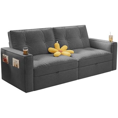 Tabaray 73.2'' Futon Sofa Bed Full, Convertible Pull Out Couch with Adjustable Backrest, Pre-Assembled Corduroy Sleeper Sofa, 2 Cup Holders & Pockets, USB, Loveseat for Living Room, Apartment, Grey Tabaray