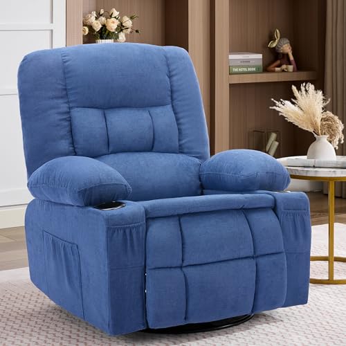 Oversized Swivel Rocker Recliner Chair with Massage & Heat,Nursery Rocking Chairs for Living Room,Ergonomic Relining Chair with Cup Holders,USB Charge Port,Side Pockets,Recliner Chair for Adults,Blue