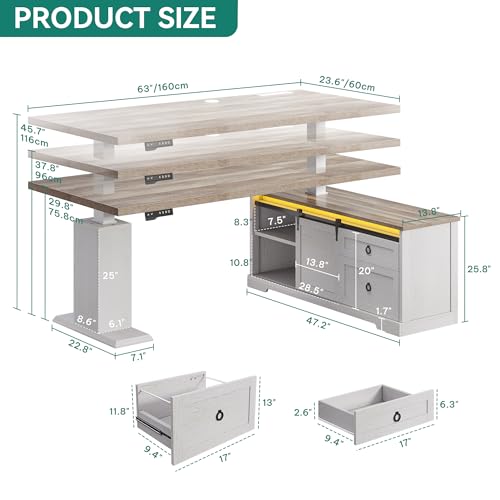 YITAHOME L Shaped Standing Desk with Power Outlets & LED Lights, 63" Farmhouse Electric Standing Desk Adjustable Height Sit Stand Corner Stand Desks with Drawers & Sliding Door, Grey Wash YITAHOME