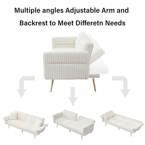 73" Convertible Futon Sofa Bed,Comfy Teddy Fabric Sleeper Couch with 3 Reclining Backrests,Golden Chrome Legs,Modern Cloud Sofa Loveseat for Small Living Room Office (White-Corduroy) Majnesvon