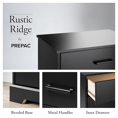 Prepac Rustic Ridge Farmhouse Nightstand Bedside Table, Black Nightstand for Bedroom, End Table with 2 Drawers and Open Shelf 16.25"D x 18.75"W x 24.5"H Prepac