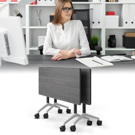 JEHUJD Conference Table,2 Pack Folding Conference Room Tables with Wheels,Mobile Training Modular Flip Top Nesting Table, Rolling Meeting Stackable Tables for Office Seminar Room(47.2'',Grey) JEHUJD