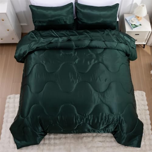 A Nice Night Satin Silky Soft Quilt Sexy Luxury Super Soft Microfiber Bedding Comforter Set Full/Queen, Light Weighted (Blackish Green, Queen) A Nice Night