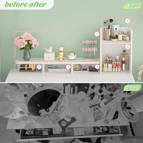Besiost Vanity Desk, Small Vanity Desk with Power Outlet, Makeup Desk with Drawers and Cabinets, Vanity Set with Storage Shelves for Bedroom, No Mirror, White Besiost