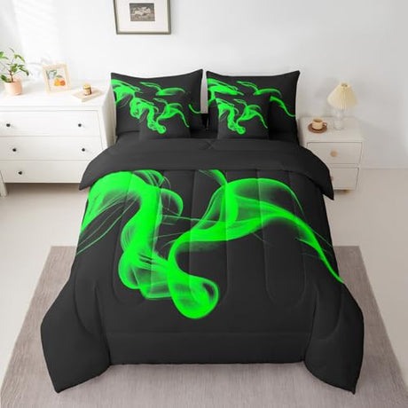 Feelyou Black Green Abstarct Comforter Set with Sheets Abstarct Art 7 Piece Bedding Set Queen Size for Kids Adult Modern Minimalist Room Decor Bed in a Bag Feelyou