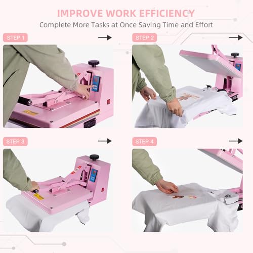 15x15 Heat Press Machine with Slide-Out Platen, T-Shirt Heat Transfer Press for DTF & HTV Vinyl, 110V 1400W Digital Temp/Timer, Dual Support Arms, 0–400°F, Pink WUMSTOT