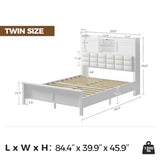 Rolanstar Bed Frame Twin Size with Charging Station, Bookcase Headboard Bed with LED Light and Sliding Doors, Platform Bed with Wooden Slats, No Box Spring Needed, Noise Free, White Rolanstar