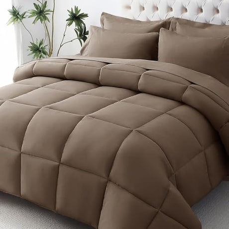 JOLLYVOGUE Queen Comforter Set, Ultra-Soft Bed in a Bag Queen Size 7 Pieces, Oeko-TEX Certified Bedding Set with Down Alternative Comforter, Sheets, Pillowcases & Shams, Brown JOLLYVOGUE