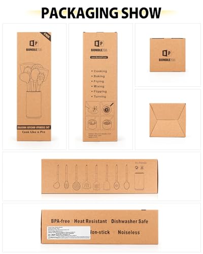 Silicone Cooking Utensil Set, 8Pcs Non-stick Cookware with Stainless Steel Handle, BPA Free Heat Resistant Kitchen Tools with Spatulas, Turners, Spoons, Skimmer and Pasta Fork BUNDLEPRO