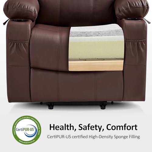 MCombo Large Power Lift Recliner Chair with Massage and Heat for Tall Elderly People, 3 Positions, Cup Holders, and USB Ports, Faux Leather 7516 (Large, Light Brown)