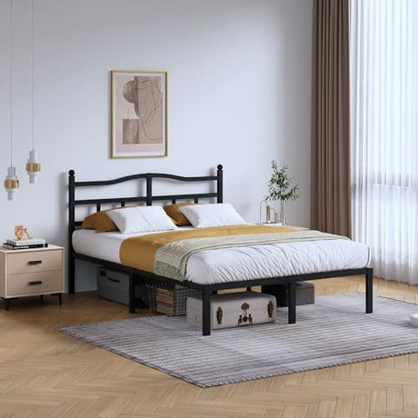 SHOANED 14 Inch Metal Bed Frame - Full Size Heavy Duty Bedframe with Headboard Black Basic Steel Slats Platform No Box Spring Needed/Easy Assembly/Noise Free SHOANED