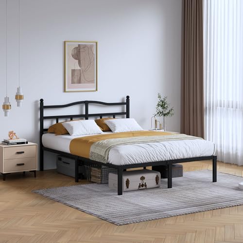 SHOANED 14 Inch Metal Bed Frame - Queen Size Heavy Duty Bedframe with Headboard Black Basic Steel Slats Platform No Box Spring Needed/Easy Assembly/Noise Free SHOANED