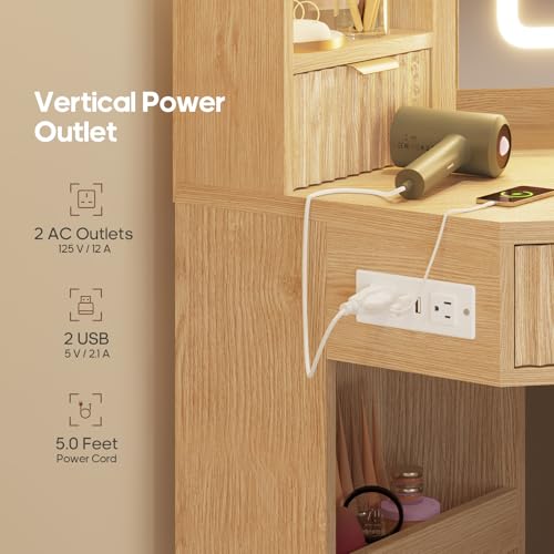 HAUOMS Fluted Corner Vanity Desk with Mirror Lights, Makeup Vanity with Charging Station, Drawers & Rotating Cabinets, Corner Vanity with Storage Bench, for Bedroom, Natural Wood HAUOMS