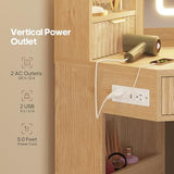HAUOMS Fluted Corner Vanity Desk with Mirror Lights, Makeup Vanity with Charging Station, Drawers & Rotating Cabinets, Corner Vanity with Storage Bench, for Bedroom, Natural Wood HAUOMS