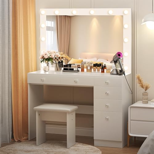 VOWNER Vanity with Lights - 43" Makeup Vanity Desk with Power Outlet, 5 Drawers and 1 Cabinet, 3 Color Lighting Modes with Adjustable Brightness,Makeup Desk with Stool for Women Girls, White VOWNER