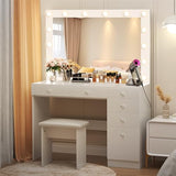 VOWNER Vanity with Lights - 43" Makeup Vanity Desk with Power Outlet, 5 Drawers and 1 Cabinet, 3 Color Lighting Modes with Adjustable Brightness,Makeup Desk with Stool for Women Girls, White VOWNER