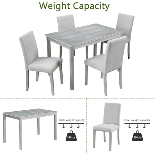 KEIKI 5-Piece Standard Height Dining Table Set with Rectangular Table and 4 Upholstered Chair, for 4 Person, Crystal Decoration Wooden Table Set, Easy Assembly, for Kitchen, Dining Room, Silver Grey KEIKI