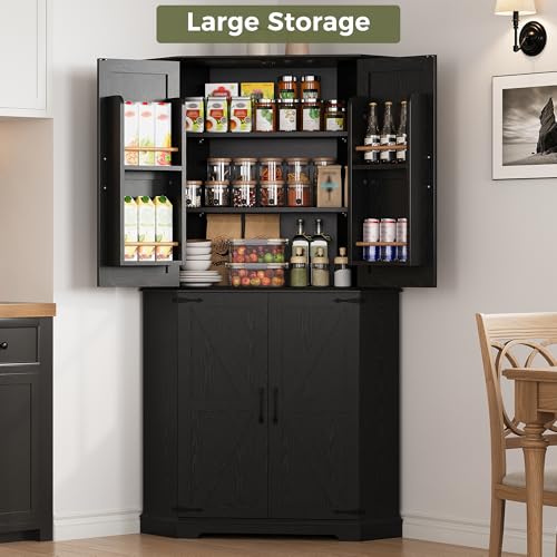 IRONCK Corner Cabinet, 72" Kitchen Pantry Cabinet, 6-Tier Freestanding Farmhouse Pantry with 2 Adjustable Shelves, 240°Swivel Doors, 2 Doors Storage, Spacious Hutch for Kitchen, Living Room, Black IRONCK