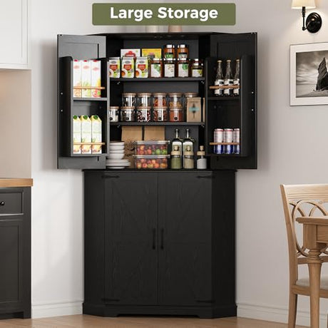 IRONCK Corner Cabinet, 72" Kitchen Pantry Cabinet, 6-Tier Freestanding Farmhouse Pantry with 2 Adjustable Shelves, 240°Swivel Doors, 2 Doors Storage, Spacious Hutch for Kitchen, Living Room, Black IRONCK