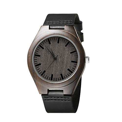 K KENON Engraved Personalized Mens Wooden Watch Lightweight Black Leather Strap Analog Quartz Movement Wristwatches for Son and Father Gifts (to Husband) - WoodArtSupply