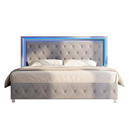 Jocisland Full Bed Frame with LED Lights Headboard&Footboard, Velvet Upholstered Full Size Platform Bed Frame No Box Spring Needed/Light Grey Jocisland