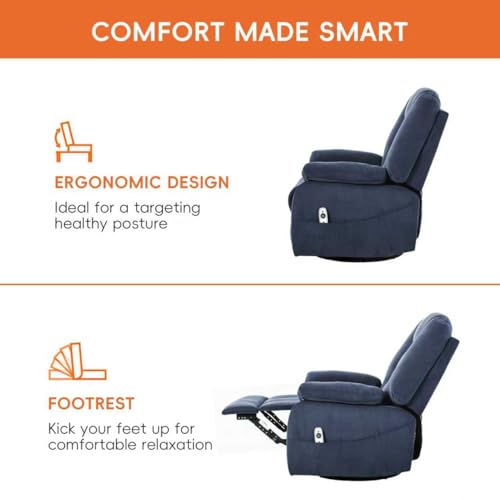 Ketaiyou Power Swivel Rocker Recliner with Massage and Heat, USB and Type-C Port, Infinite Position, Electric Glider Rocking Chairs Living Room, Soft Fabric Reclining Sofa Chair (Velvet Blue)