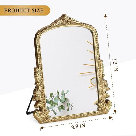 Vintage Makeup Mirror, Vanity Desk Mirror Antique Traditional Tabletop Mirror, Standing, Hang or Wall Mounted, Adjustable Dress-up Mirror, Gold Decor Mirror for Living Room,Bedroom (gold, 12*9.8 in) Willannals