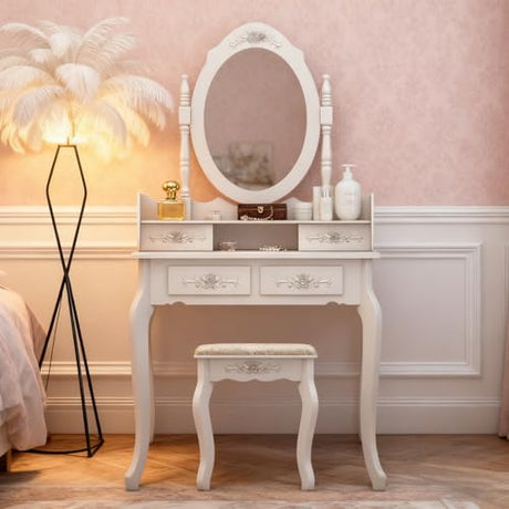 European - Style 4 - Drawer Single - Mirror Dressing Table Set in White - 360 - Degree Rotating & Removable Mirror Generic