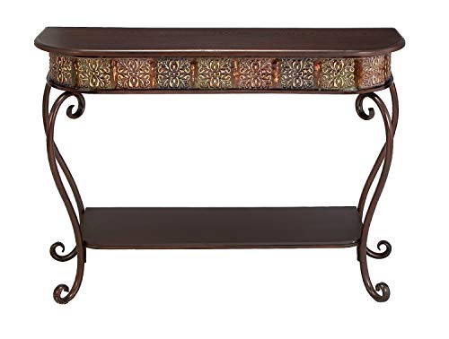 Deco 79 Metal Floral Embossed 1 Shelf Console Table with Ornate Scroll Legs, 43" x 14" x 32", Brown Deco 79