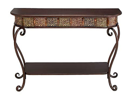 Deco 79 Metal Floral Embossed 1 Shelf Console Table with Ornate Scroll Legs, 43" x 14" x 32", Brown Deco 79