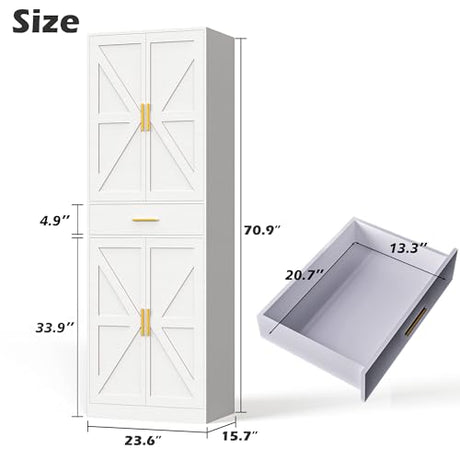 GTFURNI 71" Tall Kitchen Pantry Storage Cabinet with 4 Doors & Drawer, Adjustable Shelves, Farmhouse Cupboard, Freestanding Cabinet with Door Shelves for Dining Room/Living Space, White GTFURNI
