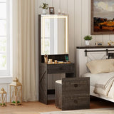 MDGC Makeup Vanity Desk with Mirror and Lights,Small Vanity Desk Set with Charging Station & Glass Top,Compact Dressing Table with Jewelry Cabinet & Storage Wheel Stool for Bedroom, Rustic Brown MDGC