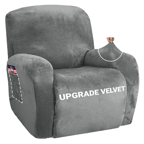 ZNSAYOTX Stretch Velvet Recliner Cover 4-Pieces, Thick Soft Recliner Chair Slipcover with Pocket, Non-Slip Elastic Bottom for Kids Pets, Luxury Plush Reclining Protector Comfy Washable (Grey)