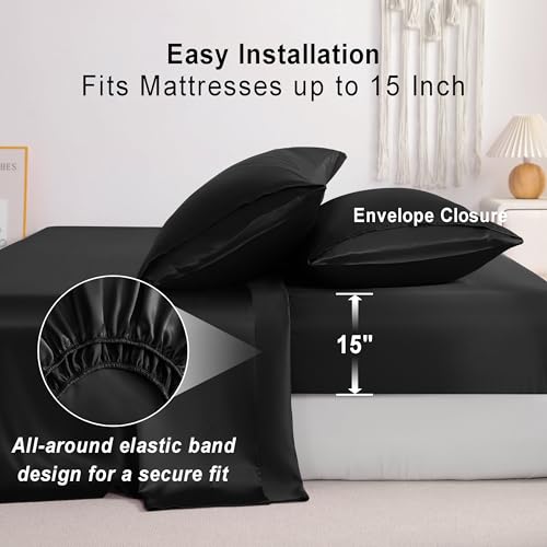 NTBAY Silk Satin Queen Sheet Set, 4-Piece Luxury and Soft Bedding Set Cooling Silky Sheets for Hair and Skin, Includes 2 Pillowcases, 1 Flat Sheet, 1 Fitted Sheet with Deep Pocket, Black NTBAY