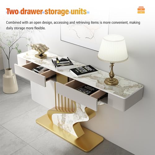 Modern Entryway Table with Drawers, Compact Console Table with Sintered Stone Top, Hallway Sofa Tables Harp-Shaped Wrought Iron Frame, Easy Assembly for Living Room, Entrance(Green+Gold,47.2in) HDZNDH