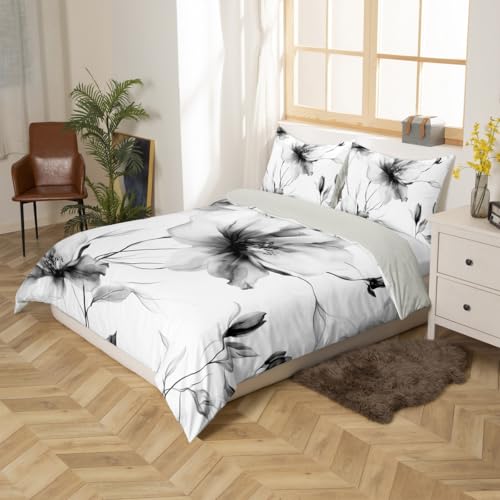 Erosebridal Black and White Flower Bedding Set Full, Boho Flower Duvet Cover for Women Men Adults Teens Bedroom, Artistic Watercolor Floral Comforter Cover, Ink Painting Style Blossom & Leaf Bed Set Erosebridal