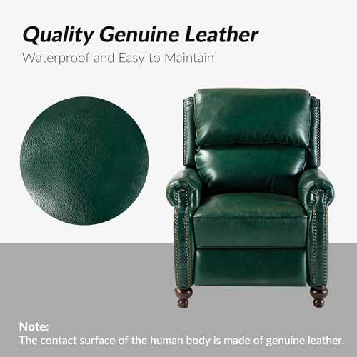 HULALA HOME Genuine Leather Wingback Recliner Chair with Thick Cushioned Seat, Traditional Push Back Leather Recliner with Nailhead Trim, Green