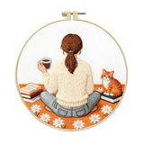 Zhenqing Coffee Girl Embroidery Kit for Beginners, Pre-Printed 29x29cm Fabric with 20cm Hoop & Threads, Cozy Reading Scene with Cat for Home Decor(C0188)