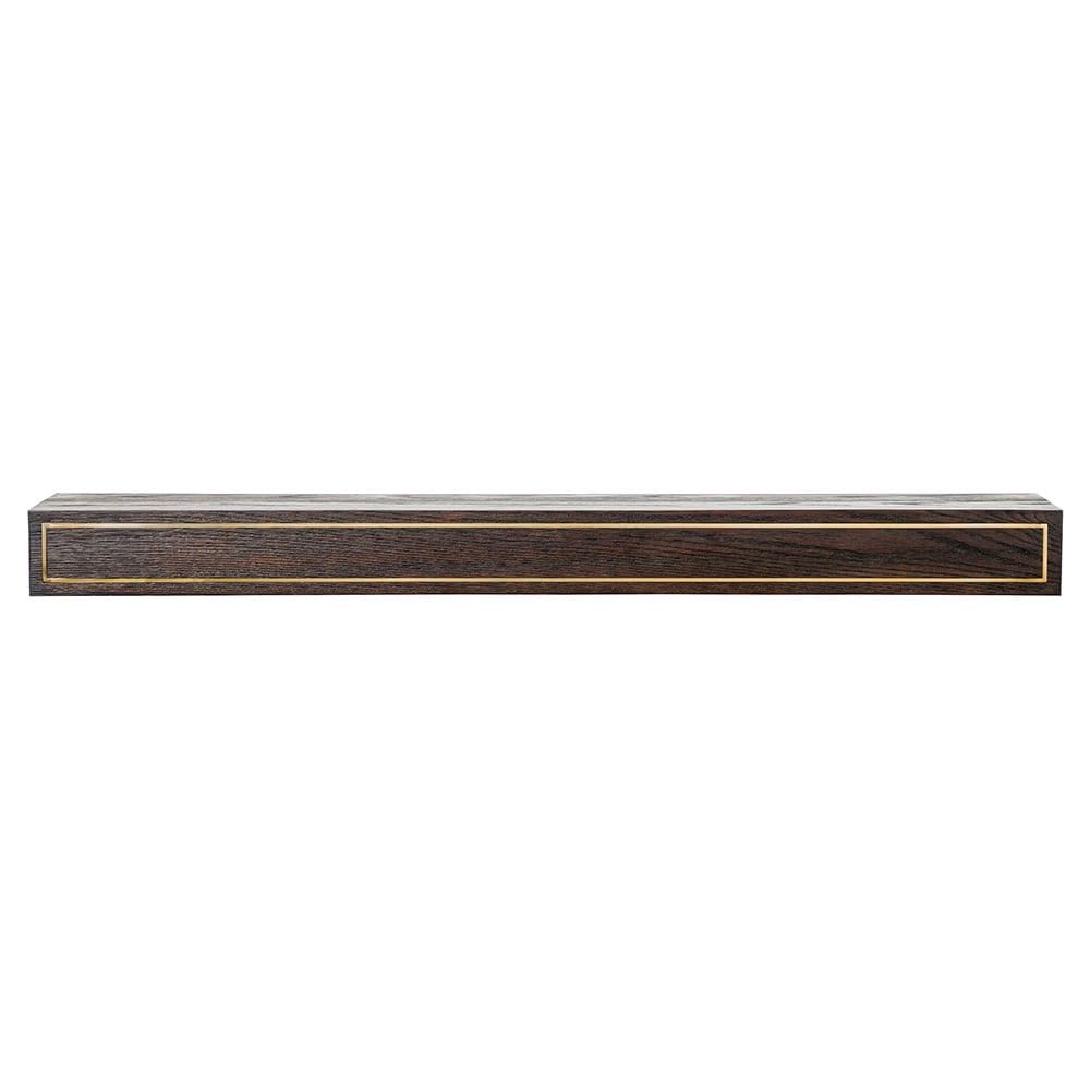 Modern Ember Oak Park 60 Inch Coffee Bean Fireplace Wooden Mantel Shelf with Gold Bronze Metal Trim, Oak Wood, Handcrafted Contemporary Mantel, 60" x 9" x 5"