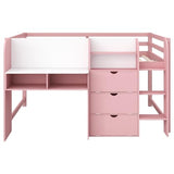 SOFTSEA Full Size Low Loft Bed with Desk & Storage, Solid Wood Pink Loft Bed with Drop-Down Cabinets, Open Shelves & Whiteboard for Kids Juniors Boys Girls, Pink SOFTSEA