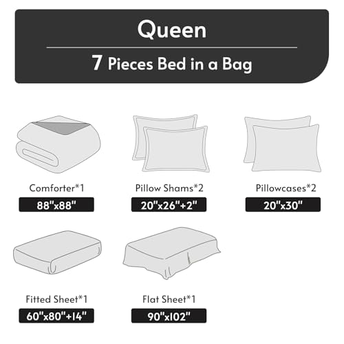 MUXHOMO 7 Pieces Queen Comforter Set, Reversible Bed in a Bag Queen Size, All Season Bedding Set with Comforter, Flat Sheet, Fitted Sheet, Pillowcases & Shams, Brown & Khaki MUXHOMO