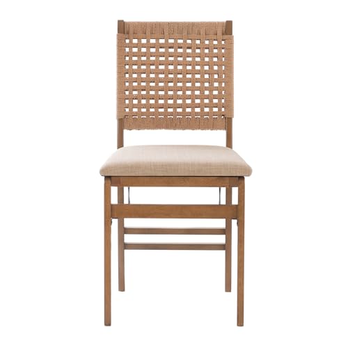 Linon Bennett Natural Folding Chair with Woven Rope Back and Linen Upholstered Seat Set of 2 - WoodArtSupply