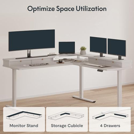 SANODESK 71" L Shaped Standing Desk with 4 Drawers, Height Adjustable Stand up Desk, Corner Gaming Desk with Monitor Stand, White Frame/White Top SANODESK