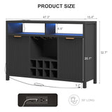 Fluted Home Bar Wine Cabinet with LED Light, Charging Station, Wine Rack - Buffet Cabinet with Storage, Coffee Bar Table, Stylish Fluted Credenza Cabinet for Modern Home Kitchen 47.2" Black Svimi