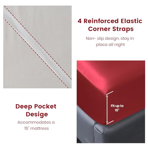 Revdomfly 4 Pcs Queen Size Luxury Silky Soft Wine Red Satin Sheet Set,1 Premium Moisture Wicking Fitted Sheet Fits Up to 16 Inches Deep Pocket + 1 Flat Sheet + 2 Pillowcases（Wine Red, Queen） Revdomfly