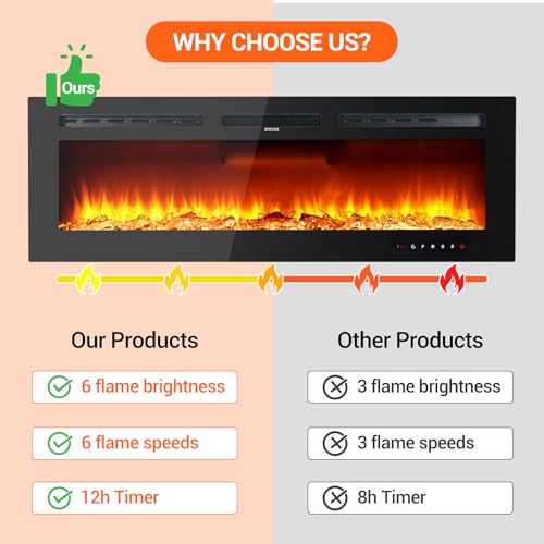 Takywep Electric Fireplace, 60 Inches, 5120 BTU Heat Output, 12 Flame Color, Black, Wall-Mounted or Recessed, Timer, Quiet Operation, Multicolor Flame, Faux Logs, Crystal Stones Takywep