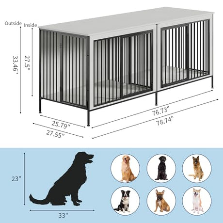 79‘’ Double Dog Crate Furniture, XL Dog Kennel Indoor, Heavy Duty Double Dog Crates for Medium/Large Dogs, Dog Kennel Furniture Indoor As TV Stand, Rustic White IDEALHOUSE