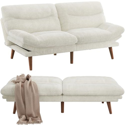 Pipishell Futon Sofa Bed, Modern 66" Futon Couch Convertible to Bed & Lounger, Compact Size, Corduroy Loveseat, Durable Construction - Fits Small Spaces, Apartments,Study Room (Beige White, 66 Inch)