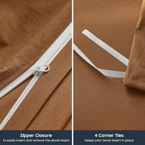 Wake In Cloud - Cotton Duvet Cover Set, Queen Size, Caramel Terracotta, 100% Washed Cotton, Linen Like Textured, Breathable Percale Durable Comfy Farmhouse Neutral Bedding Set, 3 Pieces Wake In Cloud